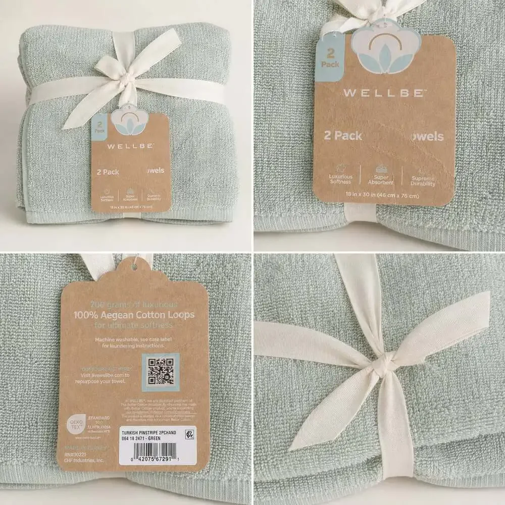 Wellbe Turkish Pinstripe Hand Towels 2 Pack 18 in x 30 in Green